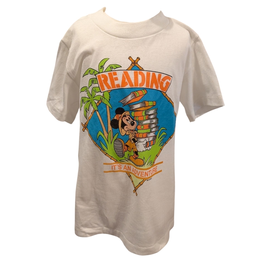 Vintage 80s Disney Reading T-Shirt Mickey Mouse youth Small Single Stitch Neon